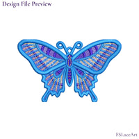 Machine embroidery file preview of a large blue, purple and gold swallowtail butterfly FSL design