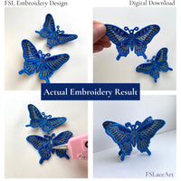 Collage of actual blue and gold swallowtail butterfly FSL embroidery results and layered assembly