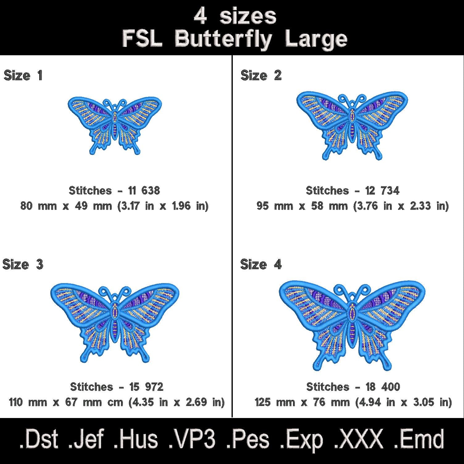 Large swallowtail butterfly FSL size chart with four dimensions, stitch counts and embroidery file formats