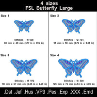 Large swallowtail butterfly FSL size chart with four dimensions, stitch counts and embroidery file formats