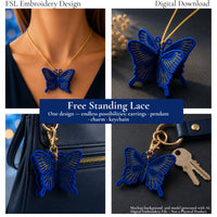Large swallowtail butterfly FSL design shown as a necklace pendant, 3D ornament, bag charm and keychain