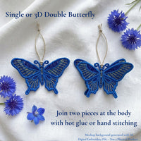 Single and layered 3D swallowtail butterfly FSL ornaments made by joining two embroidered pieces at the body