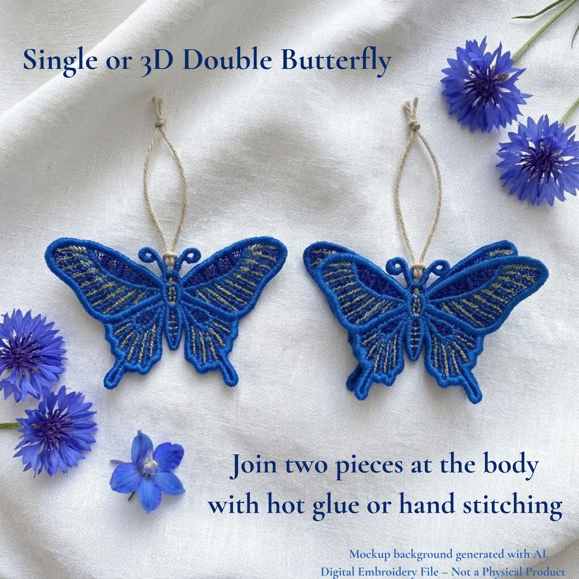 Single and layered 3D swallowtail butterfly FSL ornaments made by joining two embroidered pieces at the body