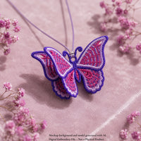 Layered 3D butterfly FSL pendant with raised purple and pink wings displayed on a lavender cord