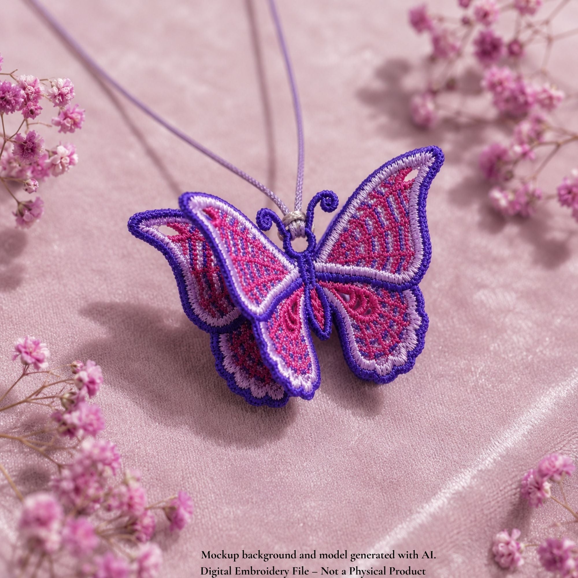 Layered 3D butterfly FSL pendant with raised purple and pink wings displayed on a lavender cord
