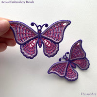 Hand holding an actual purple and pink butterfly FSL stitch-out with a second finished butterfly in the background
