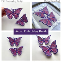 Collage of actual butterfly FSL embroidery results shown flat, raised and inside an embroidery hoop