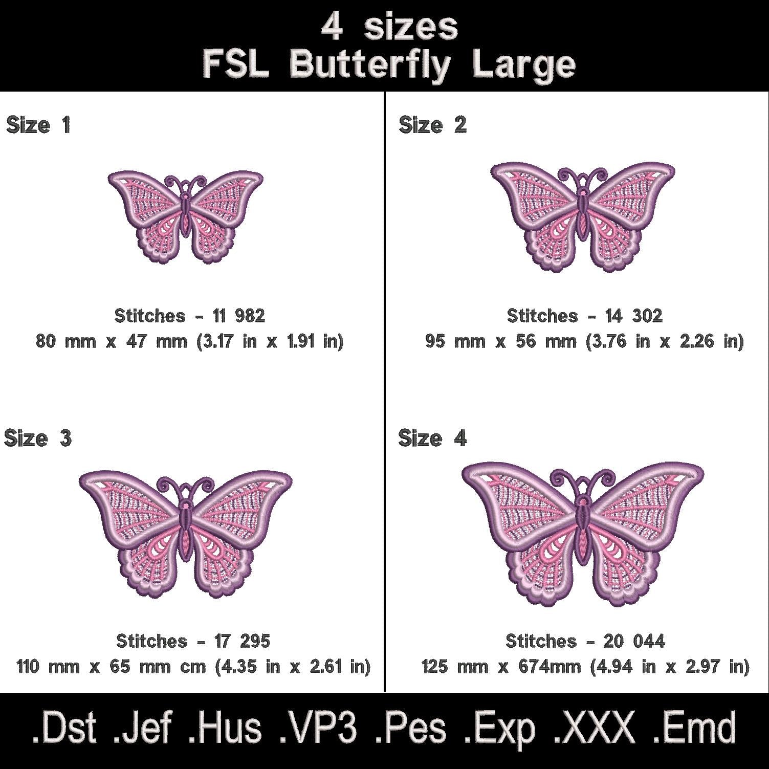 Layered butterfly FSL embroidery size chart with four dimensions, stitch counts and available machine file formats