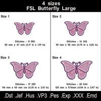 Layered butterfly FSL embroidery size chart with four dimensions, stitch counts and available machine file formats