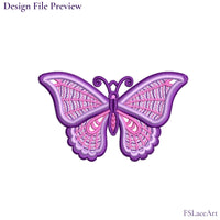 Machine embroidery file preview of a purple and pink FSL butterfly with lace-filled wings and curled antennae