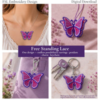 Butterfly FSL design shown as a necklace pendant, layered ornament, bag charm and keychain