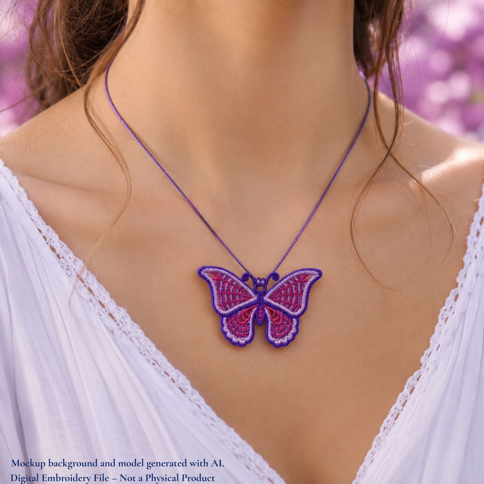 Purple and pink butterfly FSL bag charm attached to a lavender handbag with silver hardware