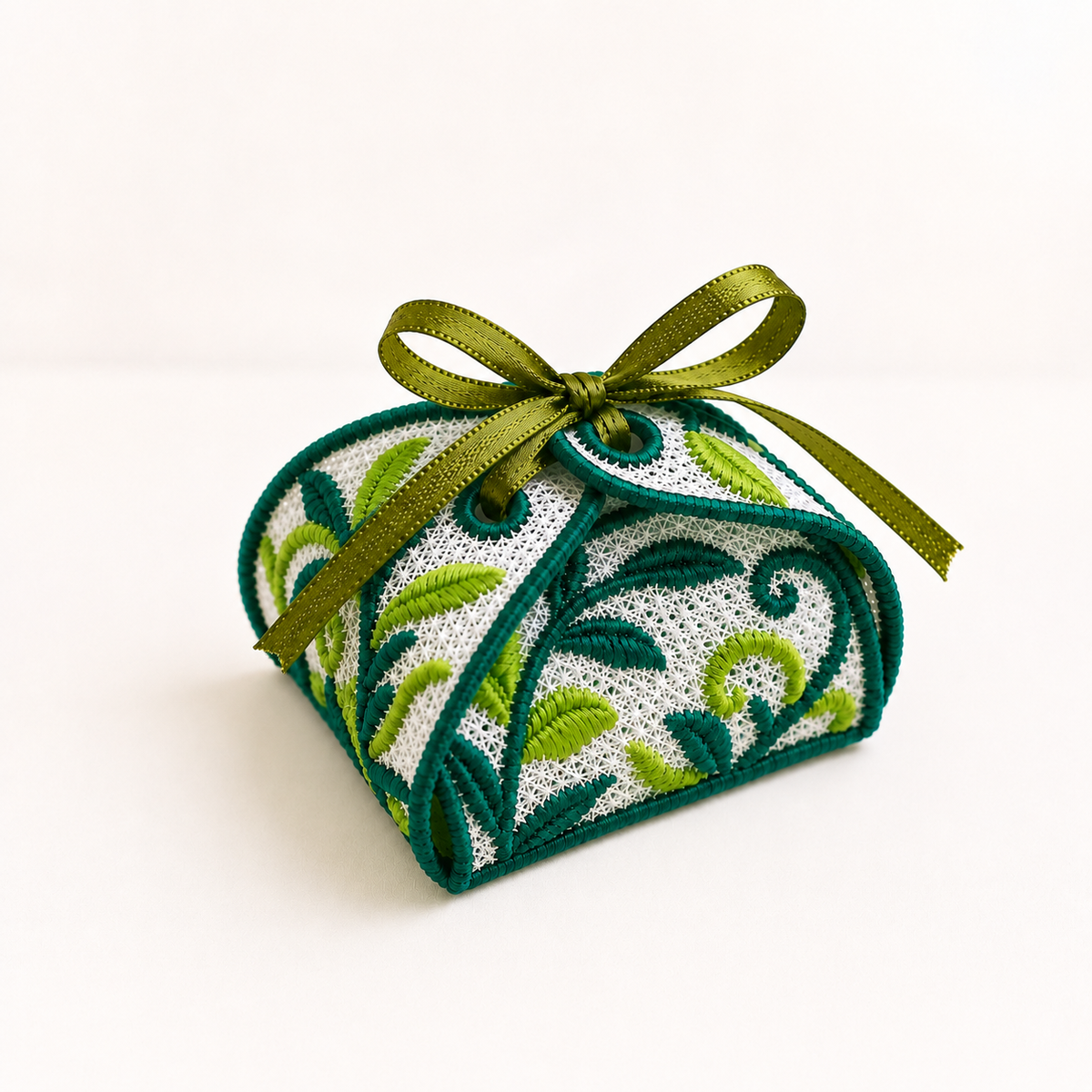 Green and white Leaf FSL gift box with botanical lace embroidery and an olive ribbon bow