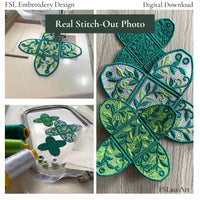Collage showing the Leaf FSL gift box stitching process and finished unfolded embroidery pieces