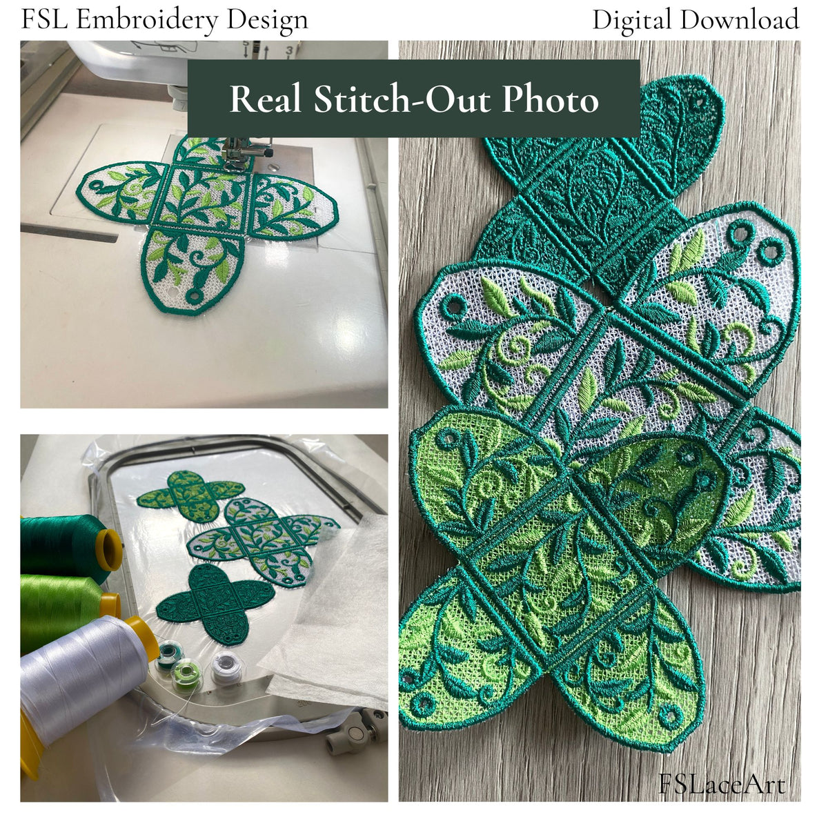 Collage showing the Leaf FSL gift box stitching process and finished unfolded embroidery pieces