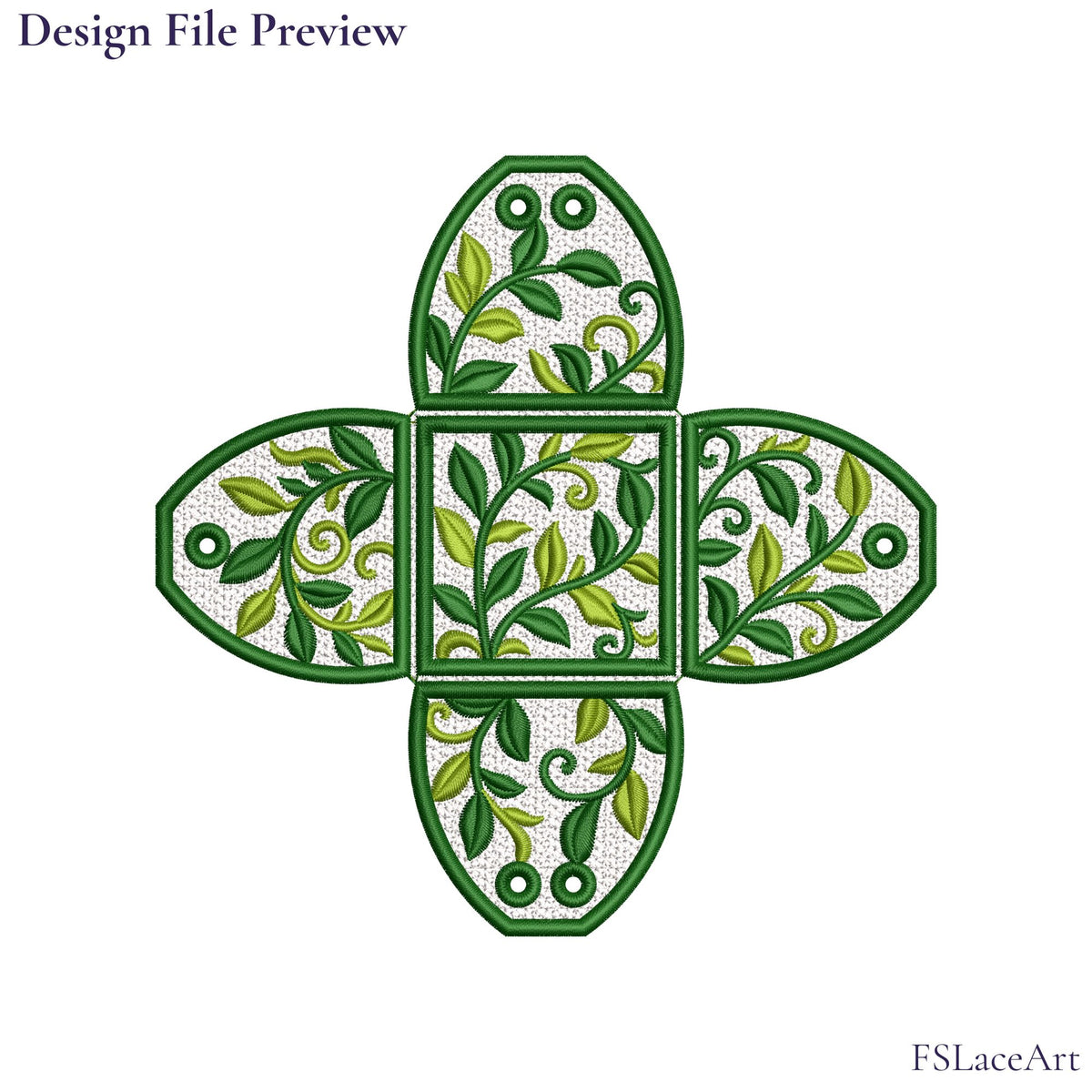 Machine embroidery file preview of an unfolded Leaf FSL gift box with four folding sides and ribbon holes