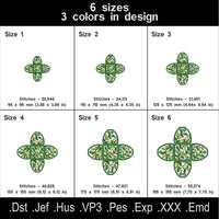 Leaf FSL gift box size chart with dimensions and stitch counts for six machine embroidery sizes