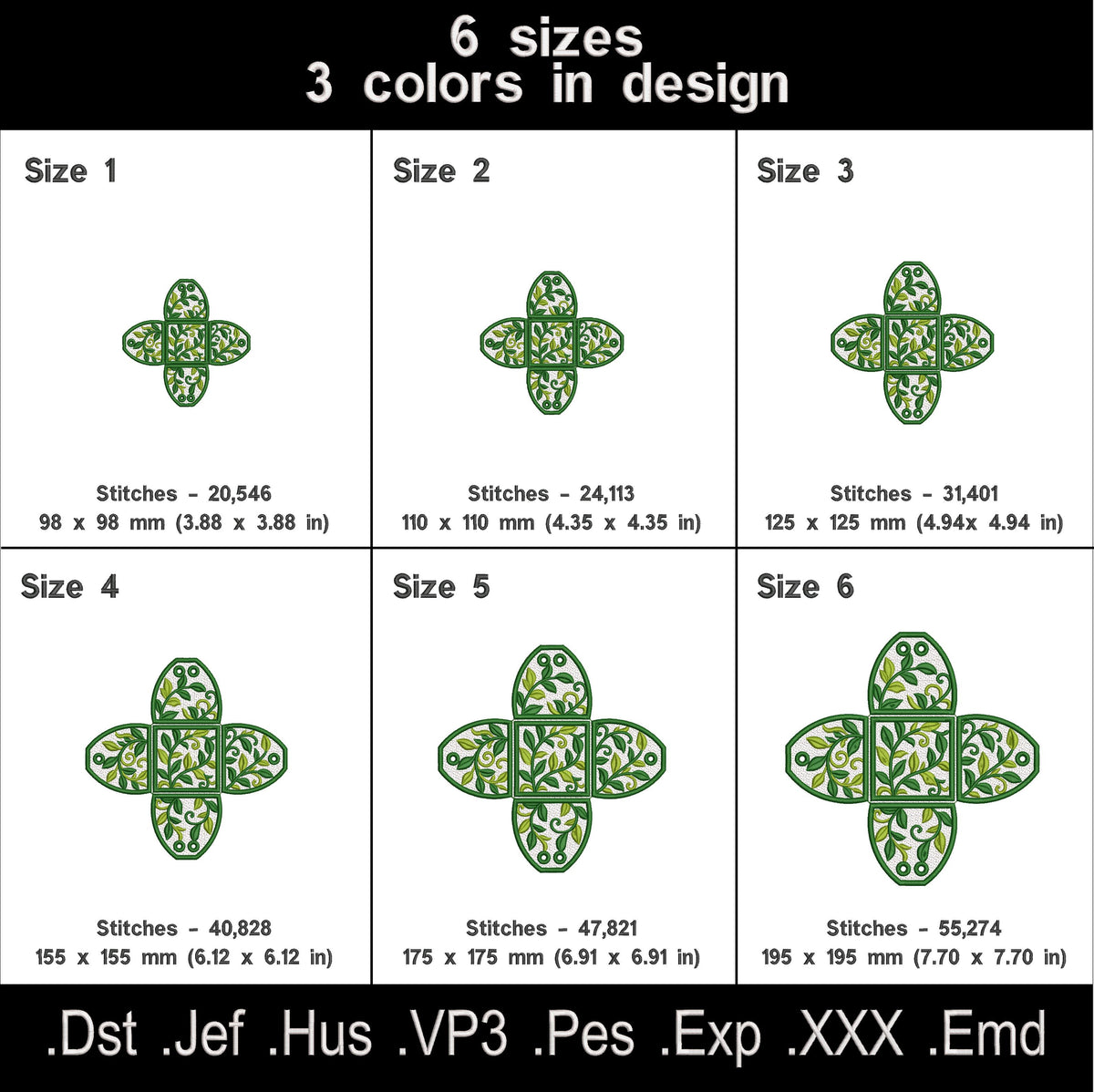 Leaf FSL gift box size chart with dimensions and stitch counts for six machine embroidery sizes