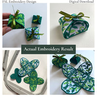 Collage showing a Leaf FSL gift box held in hand, finished with ribbon and displayed as flat lace pieces before assembly