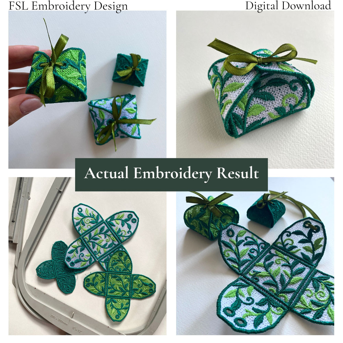 Collage showing a Leaf FSL gift box held in hand, finished with ribbon and displayed as flat lace pieces before assembly