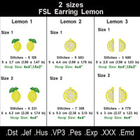 Lemon FSL embroidery design size and stitch count chart