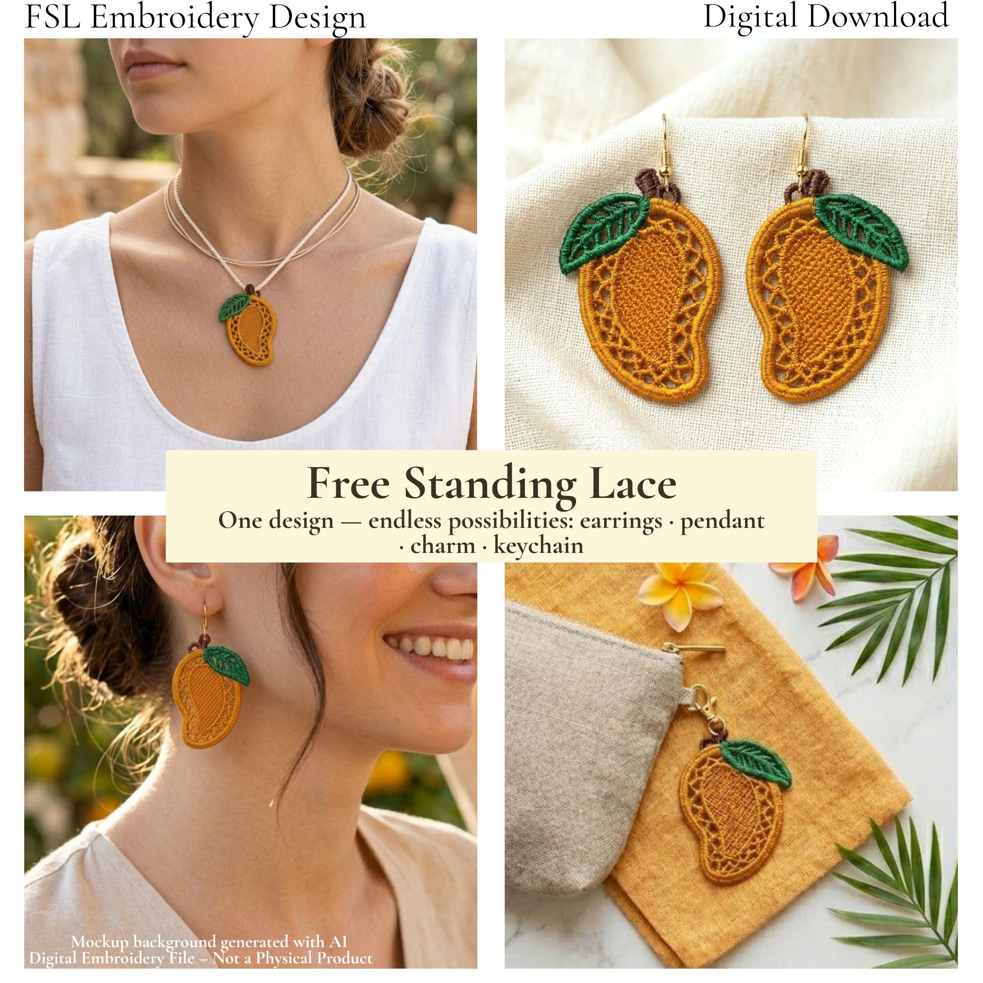 Mango FSL design used as earrings, necklace and bag charm
