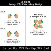 Mango FSL embroidery design size and stitch count chart