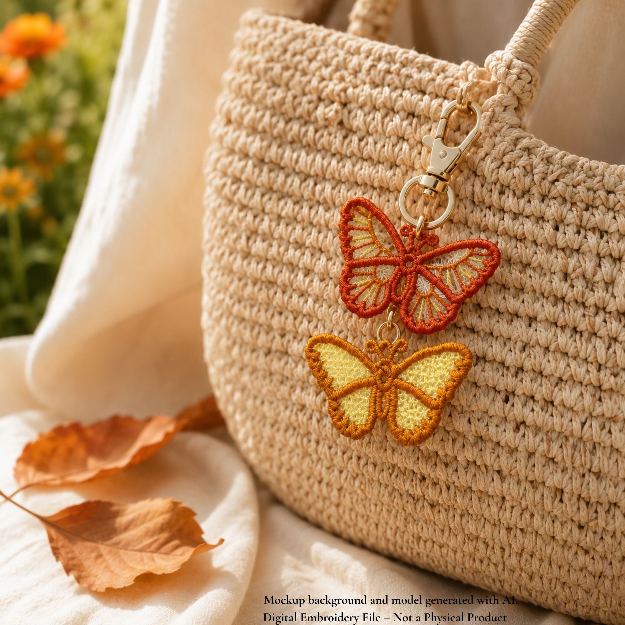 Orange open-wing and golden lace-filled Monarch Butterfly FSL charms attached to a woven bag