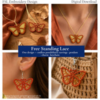 Golden yellow lace-filled Monarch Butterfly FSL earring displayed on a silver hook