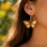 Monarch Butterfly FSL designs shown as earrings, necklace pendants and a woven bag charm
