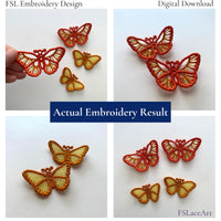 Collage of finished Monarch Butterfly FSL embroidery pieces in orange and golden yellow thread colors