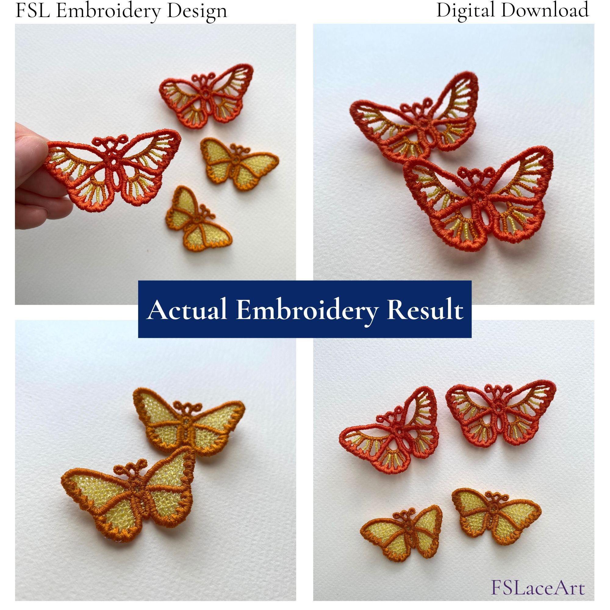 Collage of finished Monarch Butterfly FSL embroidery pieces in orange and golden yellow thread colors