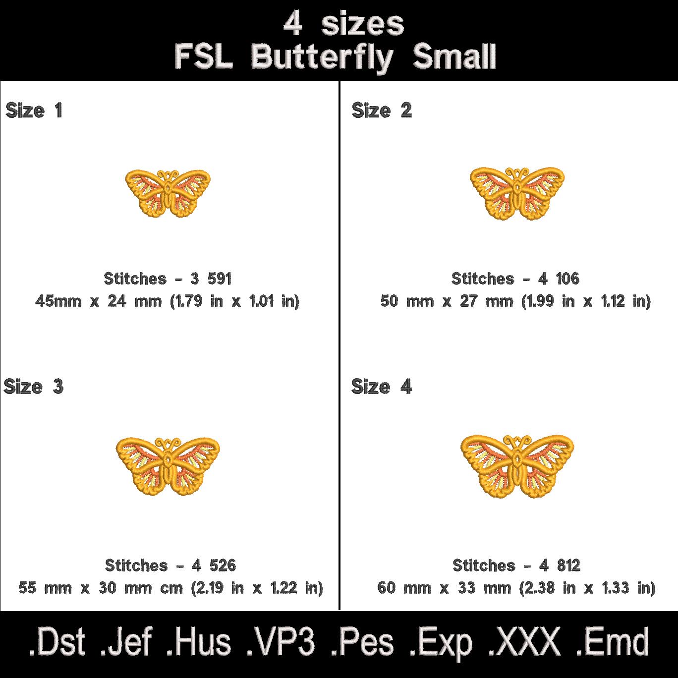 Monarch Butterfly FSL embroidery size chart with four dimensions, stitch counts and machine file formats