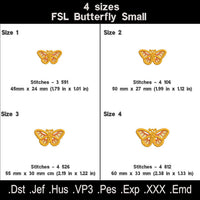 Monarch Butterfly FSL embroidery size chart with four dimensions, stitch counts and machine file formats