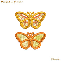 Machine embroidery file preview showing open cutwork and lace-filled Monarch Butterfly FSL designs