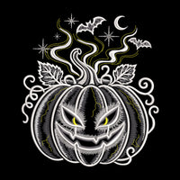 Mystical pumpkin embroidery preview with a jagged grin, yellow accents, curling vines, bats, stars and a crescent moon.