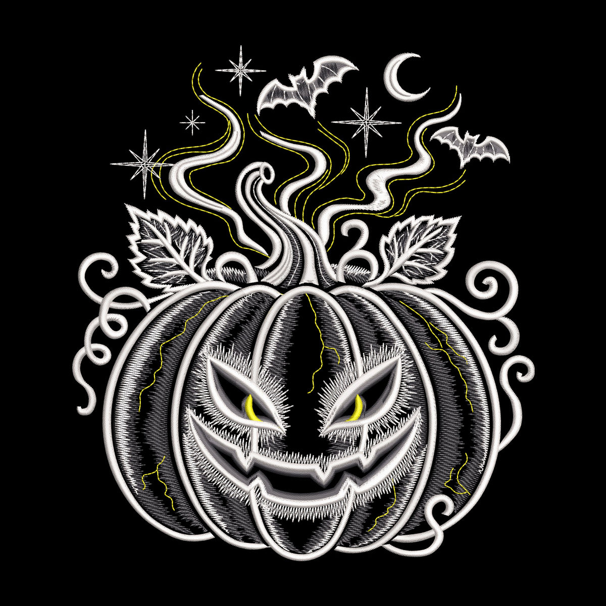 Mystical pumpkin embroidery preview with a jagged grin, yellow accents, curling vines, bats, stars and a crescent moon.