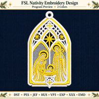 Digital preview of the Holy Family FSL embroidery design with a pointed arch, Star of Bethlehem and hanging loop.