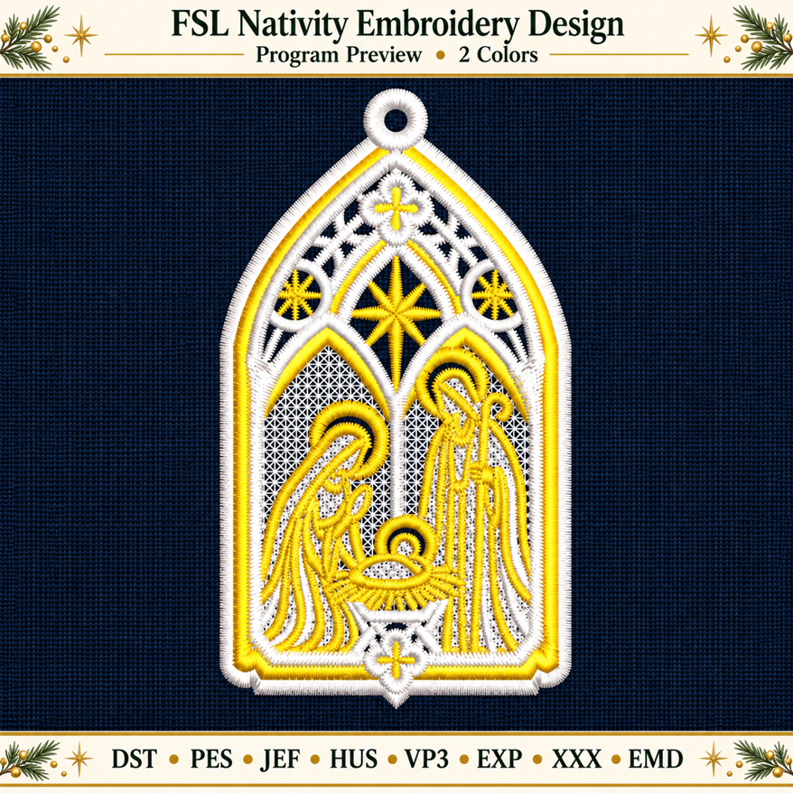 Digital preview of the Holy Family FSL embroidery design with a pointed arch, Star of Bethlehem and hanging loop.