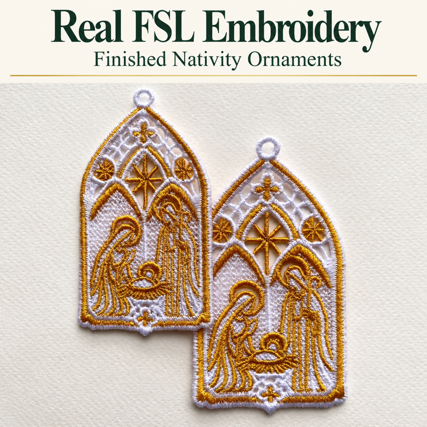 Two finished white and gold freestanding lace nativity ornaments displayed on a cream background.