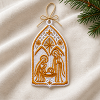 White and gold lace nativity ornament on ivory linen, featuring the Holy Family beneath a star, with a gold cord bow.