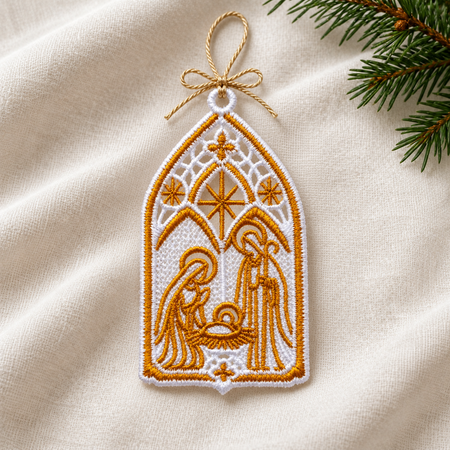 White and gold lace nativity ornament on ivory linen, featuring the Holy Family beneath a star, with a gold cord bow.