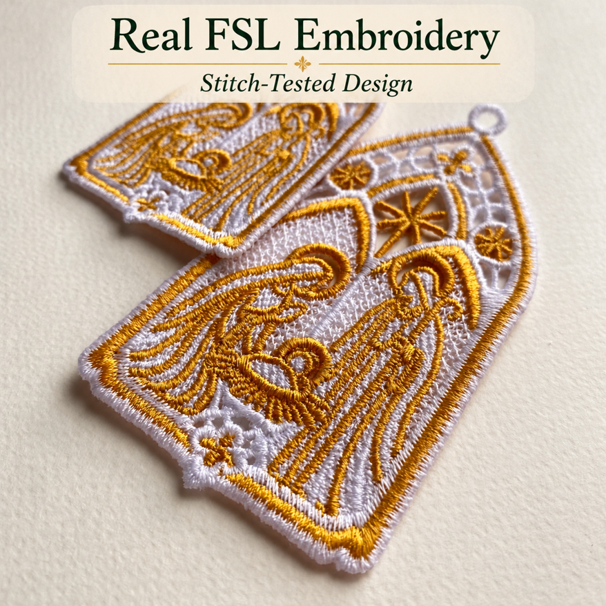 Close-up of finished nativity lace ornaments showing gold stitching, white openwork and the Holy Family inside a pointed arch.