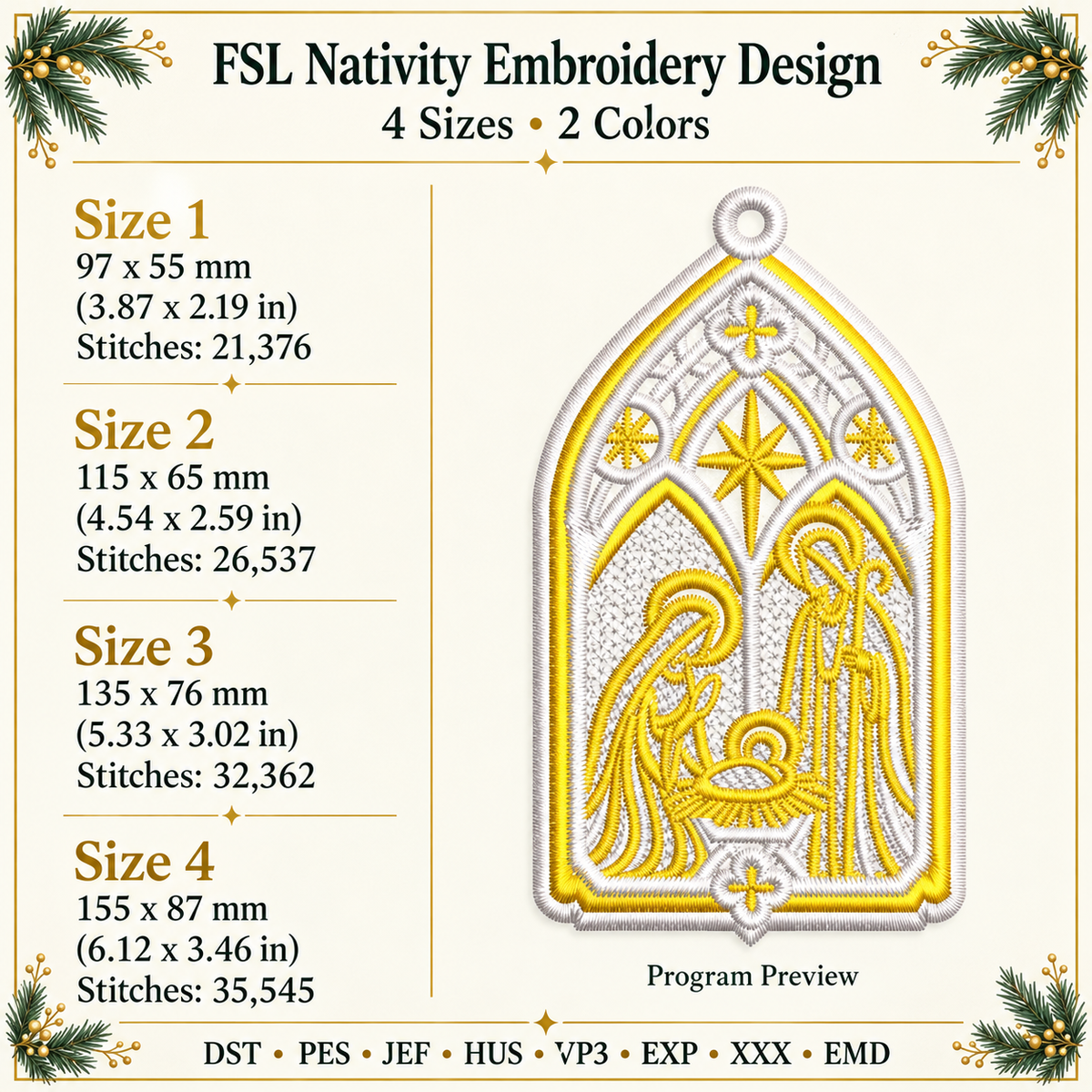 Nativity FSL embroidery size guide showing four sizes, two thread colors, stitch counts and eight embroidery file formats.