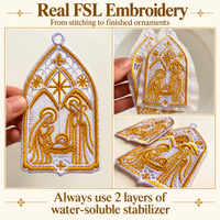 Nativity embroidery collage showing a handheld finished ornament, pieces on stabilizer and lace details, with a two-layer stabilizer reminder.