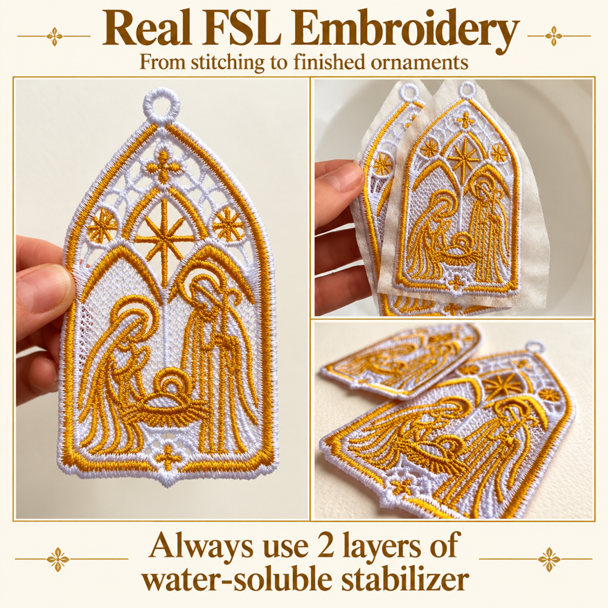 Nativity embroidery collage showing a handheld finished ornament, pieces on stabilizer and lace details, with a two-layer stabilizer reminder.