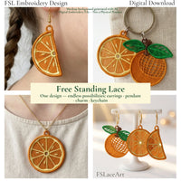 Orange FSL design used as earrings, necklace and keychain