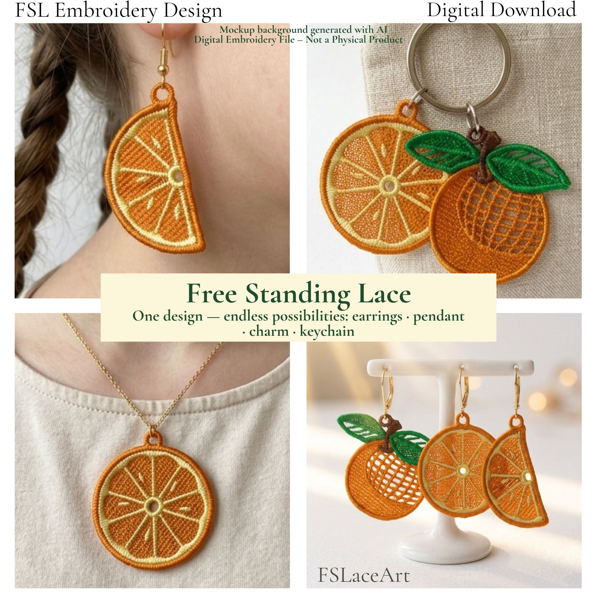 Orange FSL design used as earrings, necklace and keychain