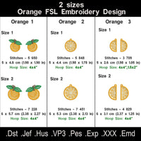 Orange FSL embroidery design size and stitch count chart
