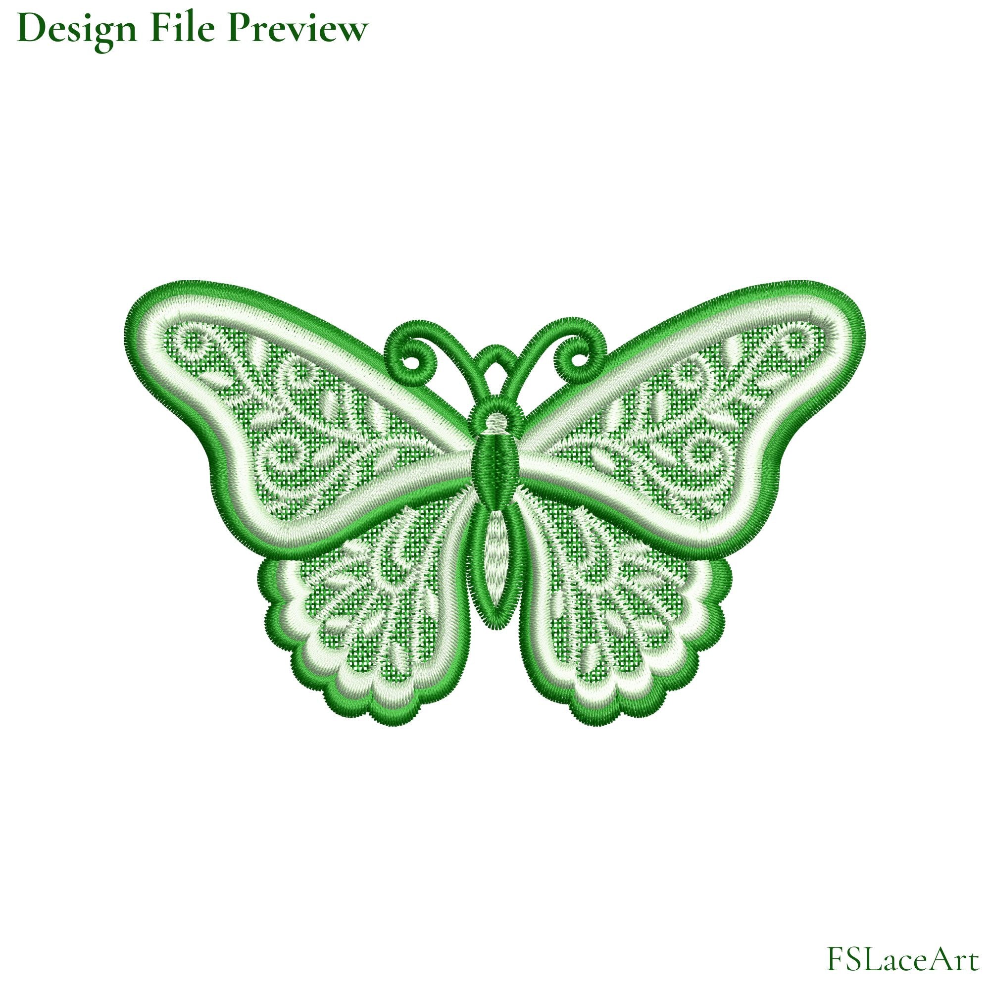 Machine embroidery preview of a green and white FSL butterfly with leafy wing motifs and scalloped borders